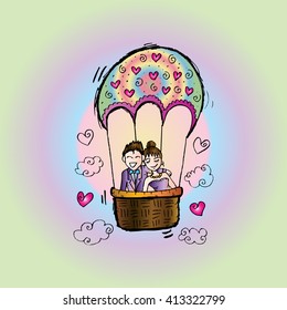 Newlyweds in a Hot Air Balloon. Hand drawiing illustration.