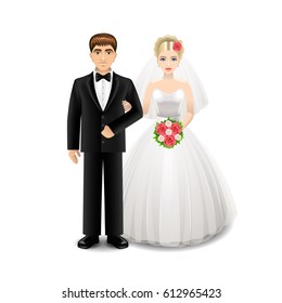 Newlyweds isolated on white photo-realistic vector illustration