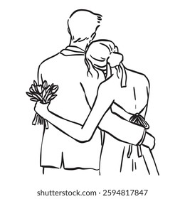 Newlyweds or just married couple portrait in line doodle style for invitations, greeting cards or save the date. Man in suit and woman in dress stand together portrait. Couple on wedding ceremony.