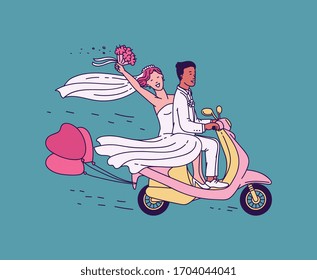 Newlyweds just married couple riding motorcycle sketch vector illustration on blue background. Bride and groom cartoon character in honeymoon travel on scooter.