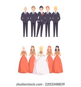 Newlyweds as Just Married Male and Female in Wedding Dress and Suit Standing with Bridesmaid and Groomsman Vector Set