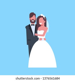 newlyweds just married man woman embracing standing together romantic couple bride and groom in love wedding day concept blue background full length flat