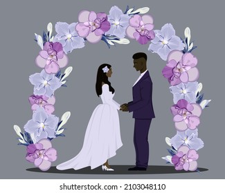 Newlyweds in love hold each other's hands under a floral arch in purple tones