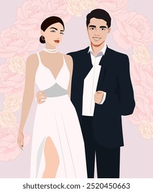 Recém-casados, homem e mulher. Noiva e noivo casados. Casamento romântico de parceiros amorosos. Feliz marido de terno e esposa em um vestido de casamento. Ilustração de vetor plano sobre fundo branco