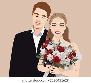 Newlyweds man and woman. Married bride and groom. Romantic marriage of love partners. Happy husband in a suit and wife in a wedding dress. holiday Valentine's Day