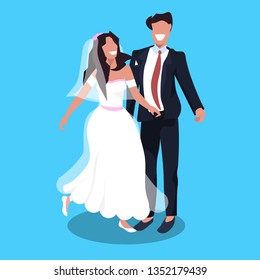newlyweds man woman standing together romantic couple bride and groom embracing wedding day concept male female cartoon character full length flat