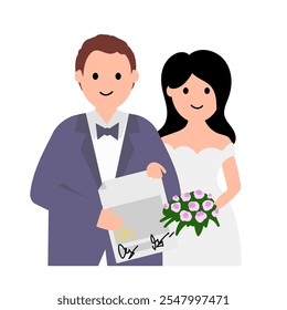 Newlyweds with a marriage certificate, a document and a bouquet in their hands. Vector simple color flat illustration.