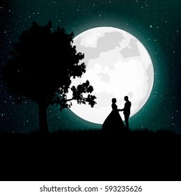 Newlyweds in the moonlight. Vector illustration.