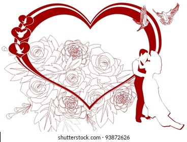 Newlyweds on the background of the scope of hearts and flowers. The illustration on a white background.