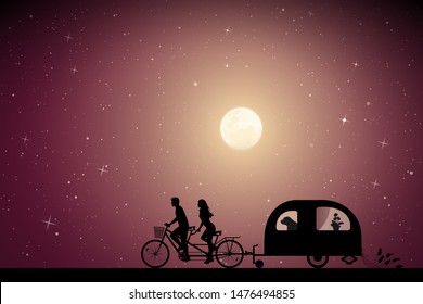 Newlyweds on bike tandem on road on moonlit night. Vector illustration with silhouettes of people and dog traveling with camper trailer. Family road trip. Full moon in starry sky