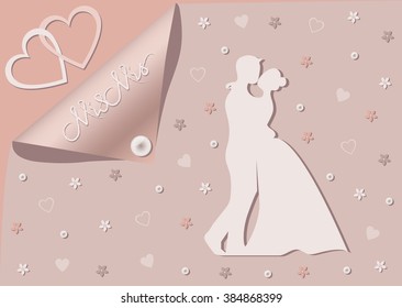 Newlyweds on a lilac and pink background with symbolical flowers, pearls and hearts. Wedding invitation.