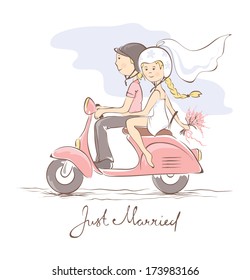 Newlyweds on a scooter