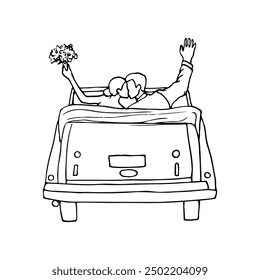 newlyweds in an open car kissing - hand drawn sketch