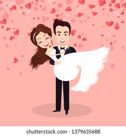 Newlyweds portrait view, couple standing together, characters embracing each other, postcard decorated by hearts, valentine or romantic festive vector