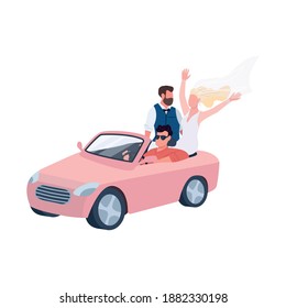 Newlyweds riding in car flat color vector faceless characters. Happy bridegroom. Bride in dress and veil. Married couple. Wedding isolated cartoon illustration for web graphic design and animation