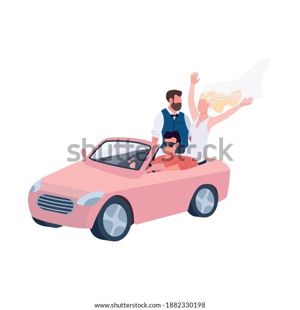 Newlyweds riding in car flat color vector\
faceless characters. Happy bridegroom. Bride in dress and veil.\
Married couple. Wedding isolated cartoon illustration for web\
graphic design and\
animation