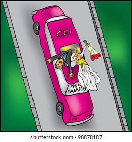 Newlyweds riding a huge pink limo