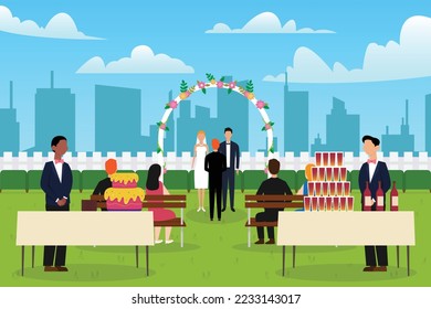 newlyweds under arch and their guests sitting on benches 2d vector illustration concept for banner, website, illustration, landing page, flyer, etc