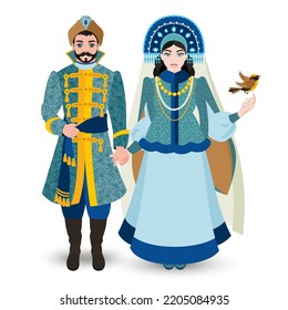 Newlyweds. A young couple in rich Slavic costumes. A girl in a kokoshnik with a veil holds a man's hand. Historical costume. Fashion.