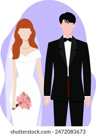 Newlyweds. Young family. Husband and wife. Wedding. Redhead bride and brunette groom. Vector illustration