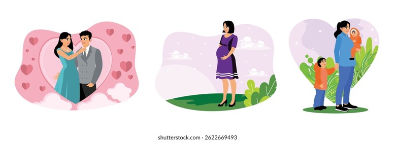 Recém-casados. Mulher grávida esperando o nascimento de um bebê. Uma mãe toma conta dos filhos. Defina a ilustração vetorial plana.