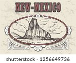 New-Mexico skyline hand drawn. New Mexico sketch style vector illustration in vintage frame.