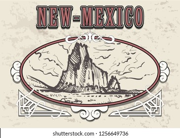 New-Mexico skyline hand drawn. New Mexico sketch style vector illustration in vintage frame.
