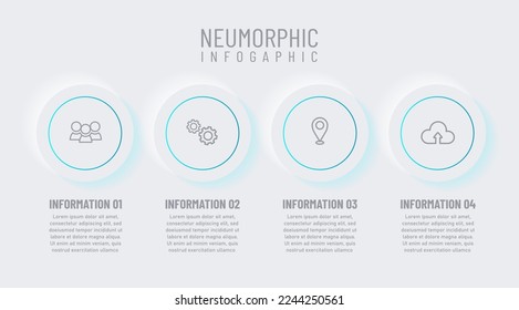 Newmorphic infographic design template. Modern vector illustration for business presentation, minimal white tone, Concept of 4 steps of business development process.