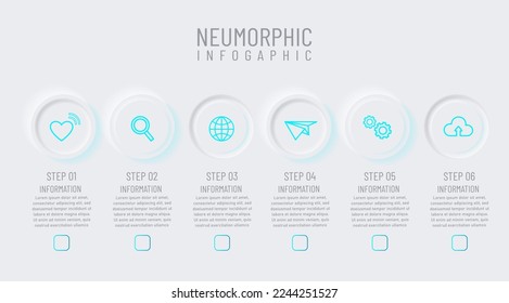 Newmorphic infographic design template. Modern vector illustration for business presentation, minimal white tone, Concept of 6 steps of business development process.