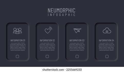 Newmorphic infographic design template. Modern vector illustration for business presentation, minimal black tone, Concept of 4 steps of business development process.