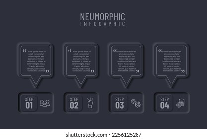 Newmorphic infographic design template. Modern vector illustration for business presentation, minimal black tone, Concept of 4 steps of business development process.
