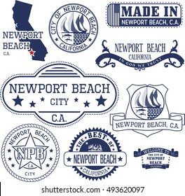 Newport Beach city, California. Set of generic stamps and signs.