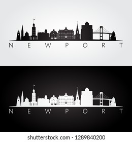 Newport USA skyline and landmarks silhouette, black and white design, vector illustration.