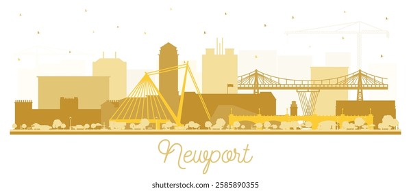 Newport Wales City Skyline Silhouette with golden Buildings Isolated on White. Vector Illustration. Newport UK Cityscape with Landmarks. Business Travel and Tourism Concept with Historic Architecture.