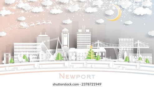 Newport Wales. Winter City Skyline in Paper Cut Style with Snowflakes, Moon and Neon Garland. Christmas, New Year Concept. Santa Claus on Sleigh. Newport UK Cityscape with Landmarks.