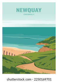 la playa de newquay se dirige a newquay cornwall. diseño de ilustración de afiche con estilo de color.