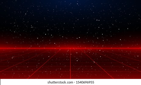 Newretrowave sci-fi red laser perspective grid background in starry space. Retrofuturistic cyber laser landscape. Eps 10.