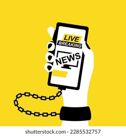 Concepto de adicción a las noticias. Un hombre lee noticias de un smartphone. El teléfono está esposado a la mano. Diseño plano de ilustración vectorial. Transmisión en vivo. Últimas noticias. Estilo de caricatura.