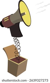 News. Advertisement. Megaphone. Concept. Megaphone on a spring pops out of the box