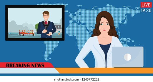 News anchor broadcasting the news with a reporter live on screen holding microphone interview in a heavy city flooding situation in flat style Vector illustration. 