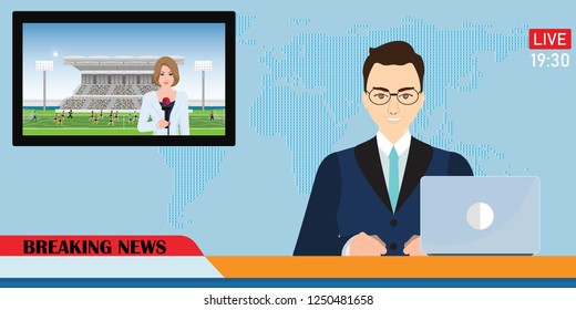 News anchor broadcasting the news with a reporter live on screen holding microphone interview football match in stadium, Vector illustration. 