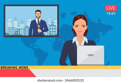 Presentador de Noticias transmitiendo las noticias con un reportero en vivo en pantalla. Ilustración vectorial en estilo plano