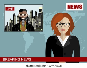News anchor broadcasting the news with a reporter live on screen vector illustration