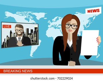 News anchor broadcasting the news with a reporter live on screen vector illustration