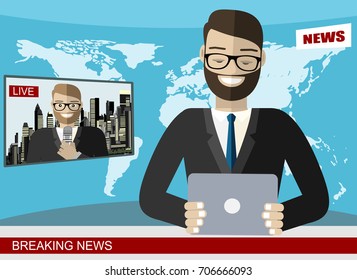 News anchor broadcasting the news with a reporter live on screen vector illustration