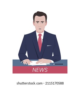 News anchor. Cartoon white male newsreader character is isolated on a white background. Vector illustration. Television concept.