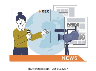 Concepto de ancla de Noticias. Mujer lidera las noticias. Ancla y periodista. Últimas noticias, programa de televisión. Medios masivos en el canal de televisión. Ilustración vectorial lineal aislada sobre fondo blanco