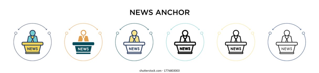 News anchor icon in filled, thin line, outline and stroke style. Vector illustration of two colored and black news anchor vector icons designs can be used for mobile, ui, web