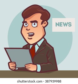 News Anchor Journalist, Anchorman TV News Broadcast, Cartoon Character, Vector Illustration