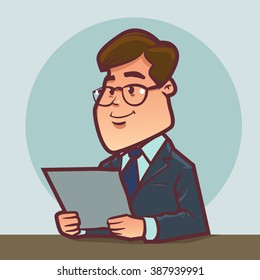 news anchor journalist, anchorman TV News Broadcast, cartoon character, vector illustration